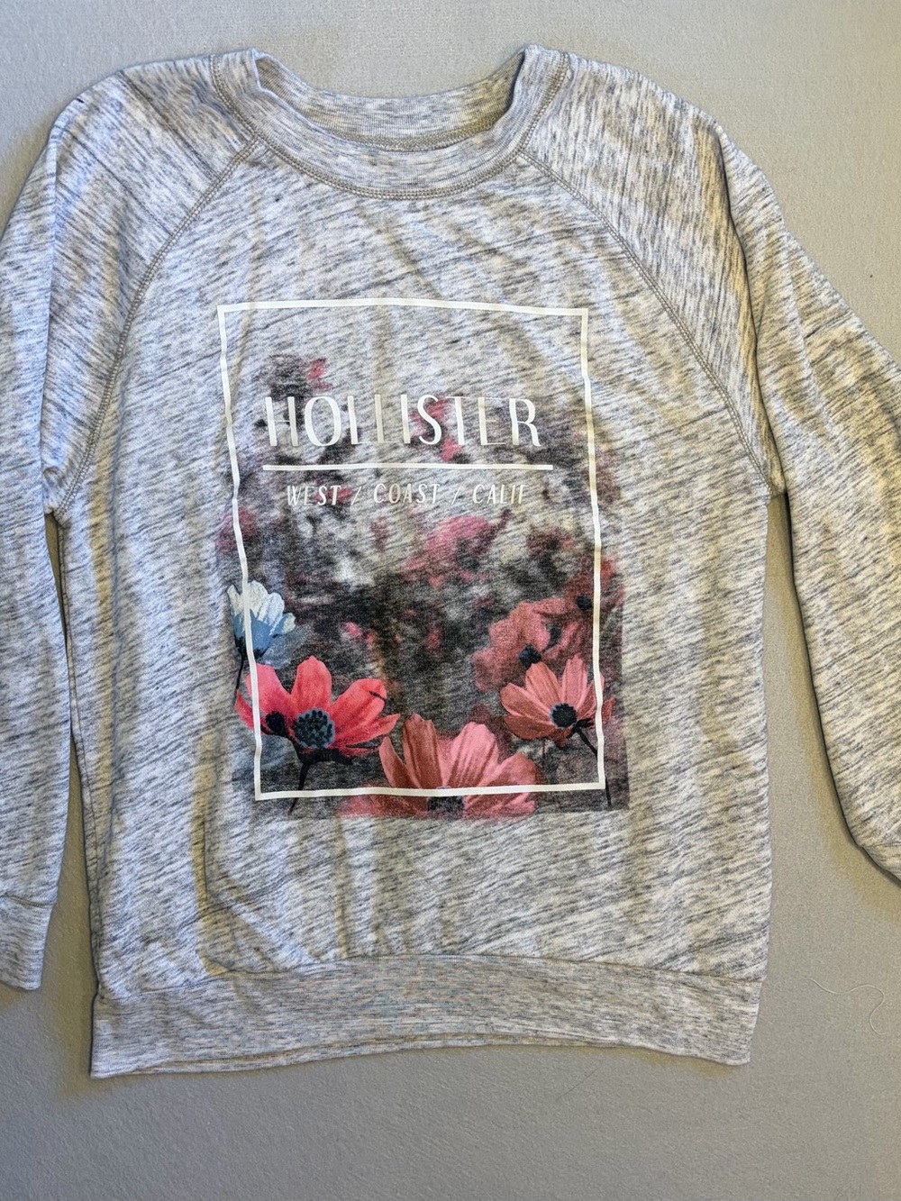 Hollister Light Heather Gray Pullover with Pink Floral Detail